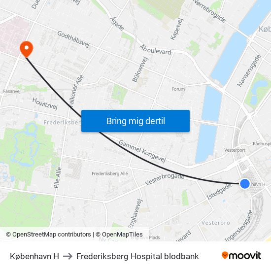 København H to Frederiksberg Hospital blodbank map