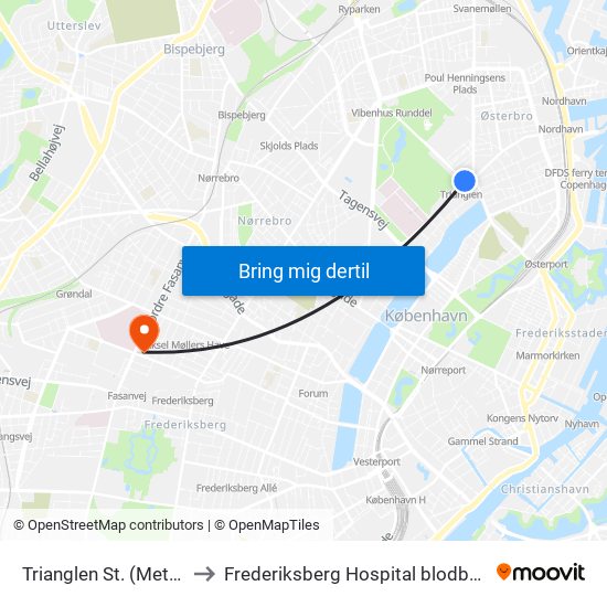 Trianglen St. (Metro) to Frederiksberg Hospital blodbank map