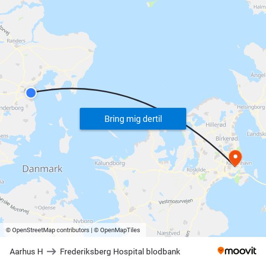 Aarhus H to Frederiksberg Hospital blodbank map