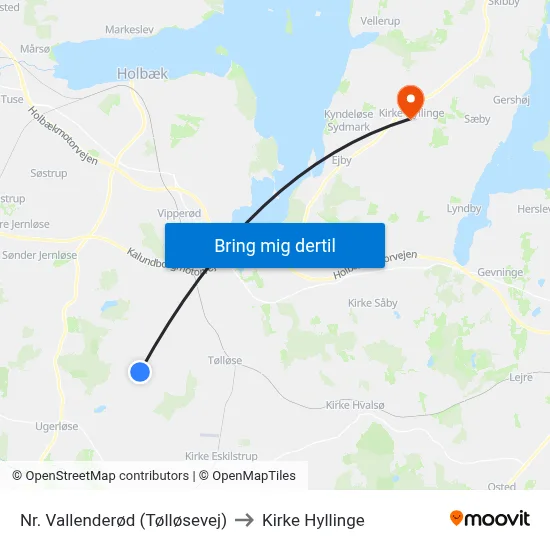 Nr. Vallenderød (Tølløsevej) to Kirke Hyllinge map