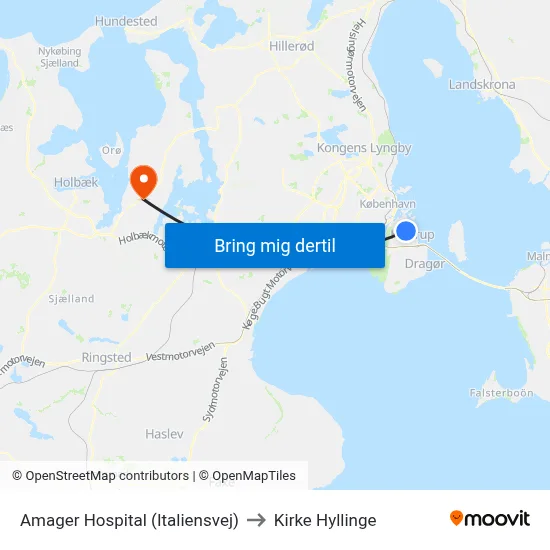 Amager Hospital (Italiensvej) to Kirke Hyllinge map