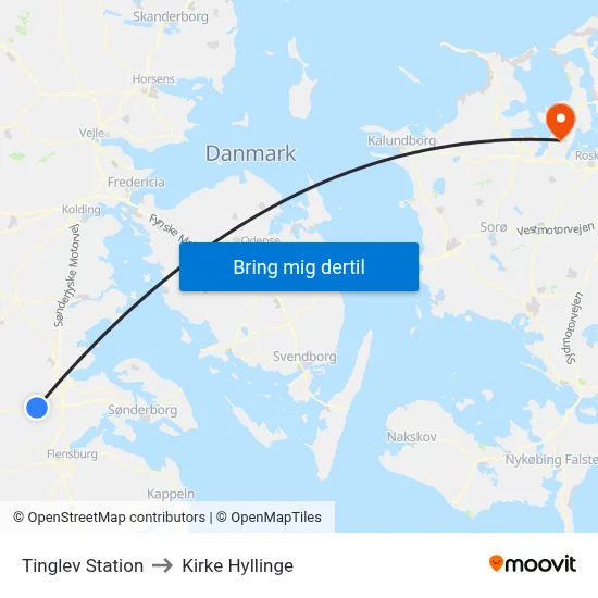 Tinglev Station to Kirke Hyllinge map