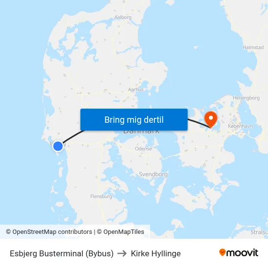 Esbjerg Busterminal (Bybus) to Kirke Hyllinge map