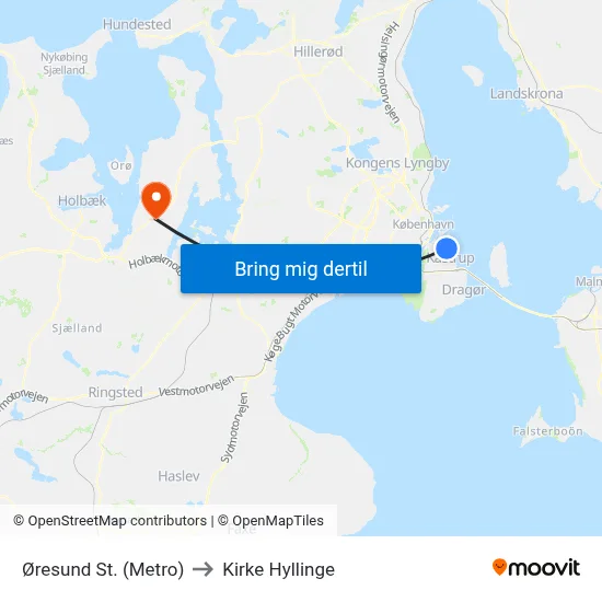 Øresund St. (Metro) to Kirke Hyllinge map