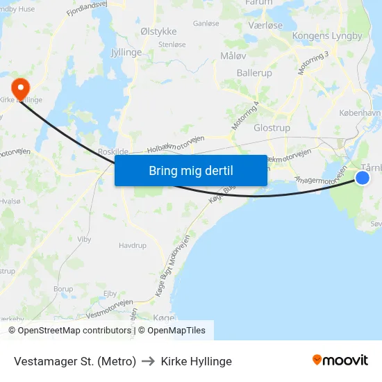 Vestamager St. (Metro) to Kirke Hyllinge map
