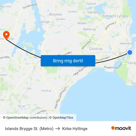 Islands Brygge St. (Metro) to Kirke Hyllinge map