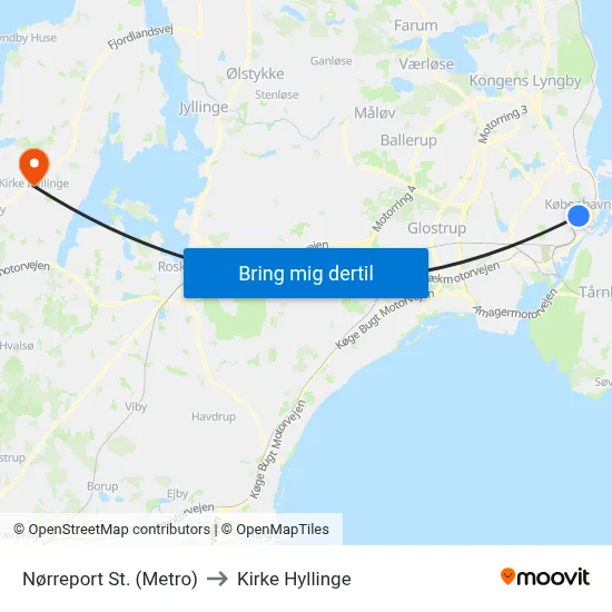 Nørreport St. (Metro) to Kirke Hyllinge map