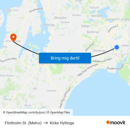 Flintholm St. (Metro) to Kirke Hyllinge map