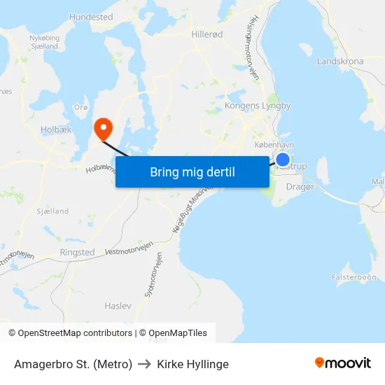 Amagerbro St. (Metro) to Kirke Hyllinge map
