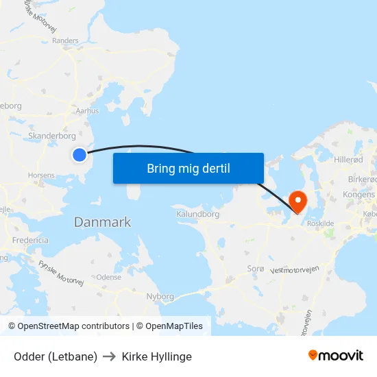 Odder (Letbane) to Kirke Hyllinge map