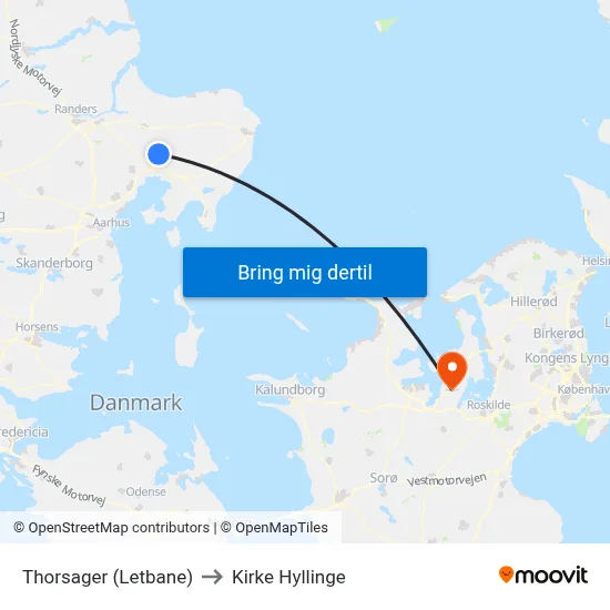 Thorsager (Letbane) to Kirke Hyllinge map