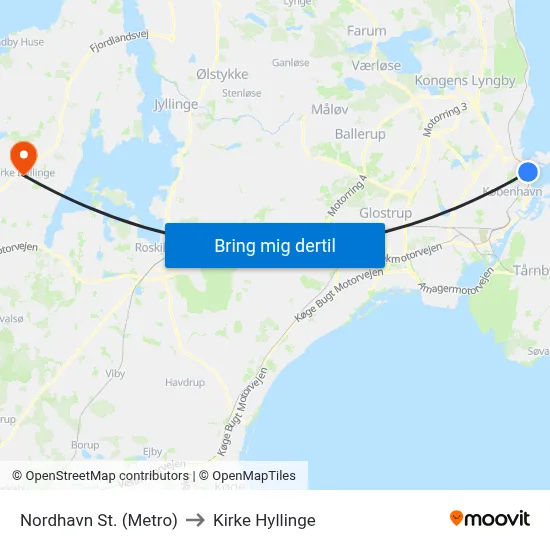 Nordhavn St. (Metro) to Kirke Hyllinge map