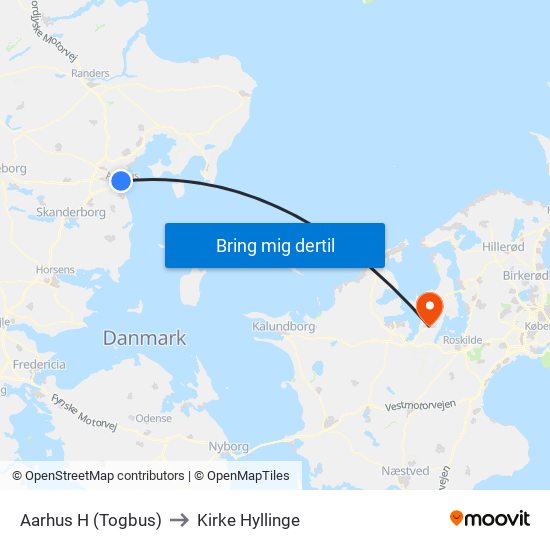 Aarhus H (Togbus) to Kirke Hyllinge map