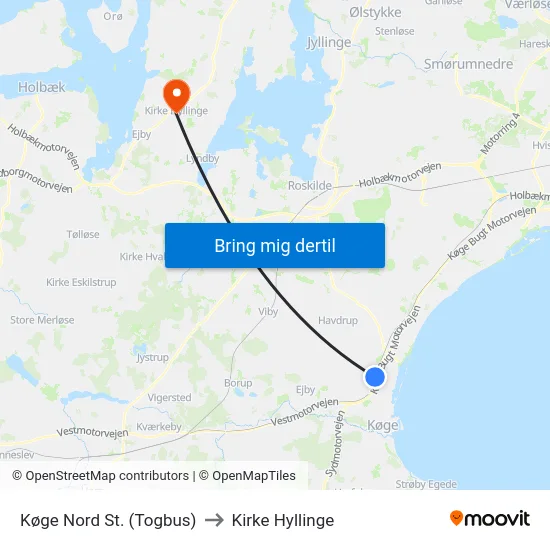 Køge Nord St. (Togbus) to Kirke Hyllinge map