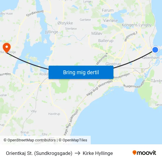 Orientkaj St. (Sundkrogsgade) to Kirke Hyllinge map