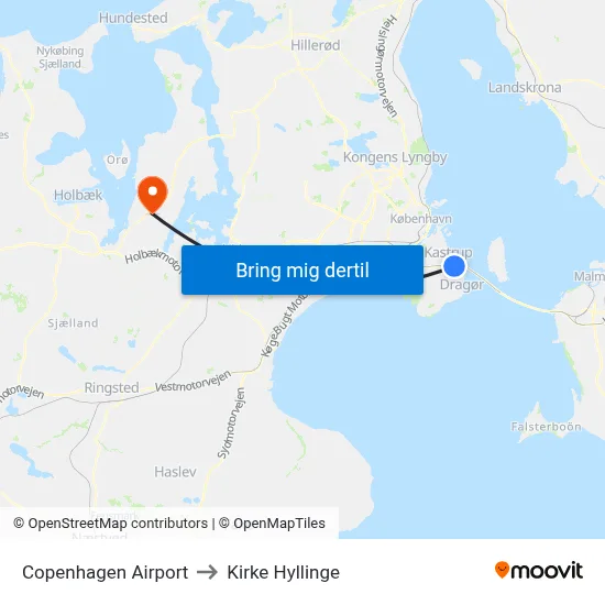 Copenhagen Airport to Kirke Hyllinge map