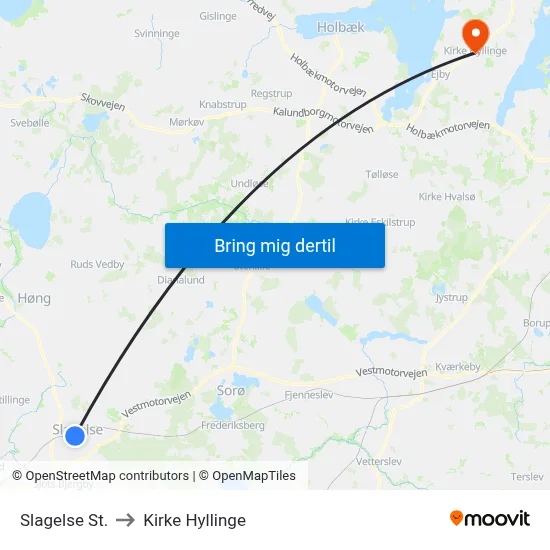 Slagelse St. to Kirke Hyllinge map