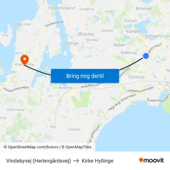 Vindebyvej (Herlevgårdsvej) to Kirke Hyllinge map