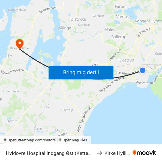 Hvidovre Hospital Indgang Øst (Kettegård Allé) to Kirke Hyllinge map