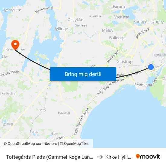 Toftegårds Plads (Gammel Køge Landevej) to Kirke Hyllinge map