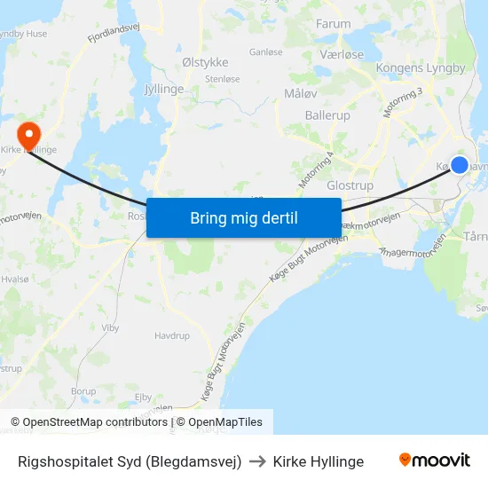 Rigshospitalet Syd (Blegdamsvej) to Kirke Hyllinge map