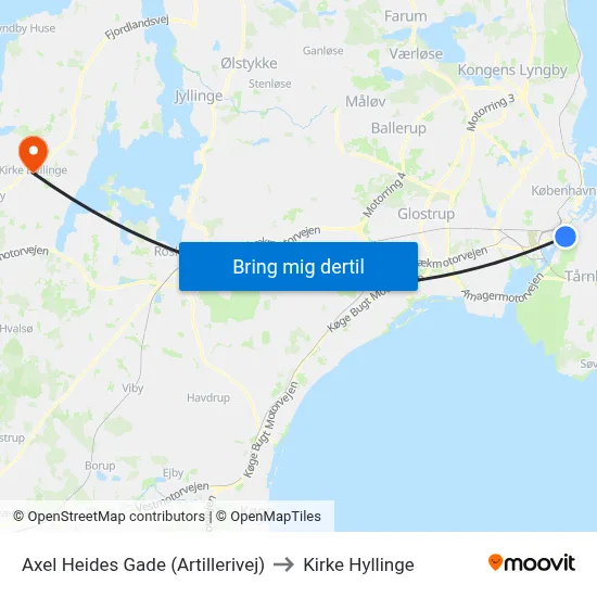 Axel Heides Gade (Artillerivej) to Kirke Hyllinge map