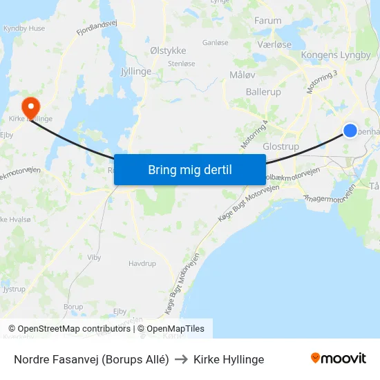 Nordre Fasanvej (Borups Allé) to Kirke Hyllinge map