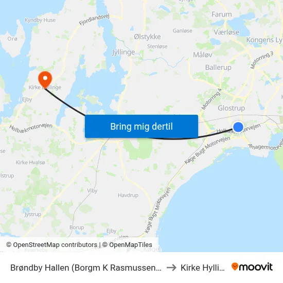 Brøndby Hallen (Borgm K Rasmussens Blvd) to Kirke Hyllinge map