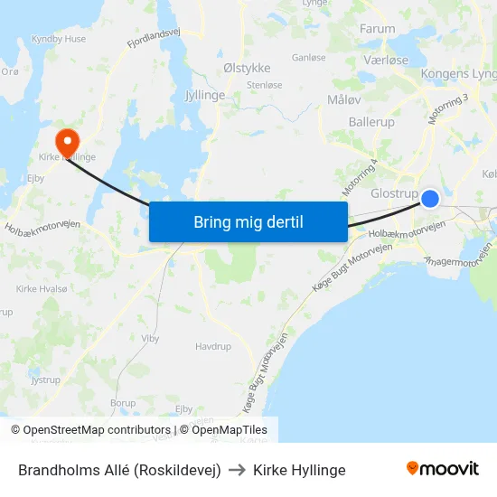 Brandholms Allé (Roskildevej) to Kirke Hyllinge map
