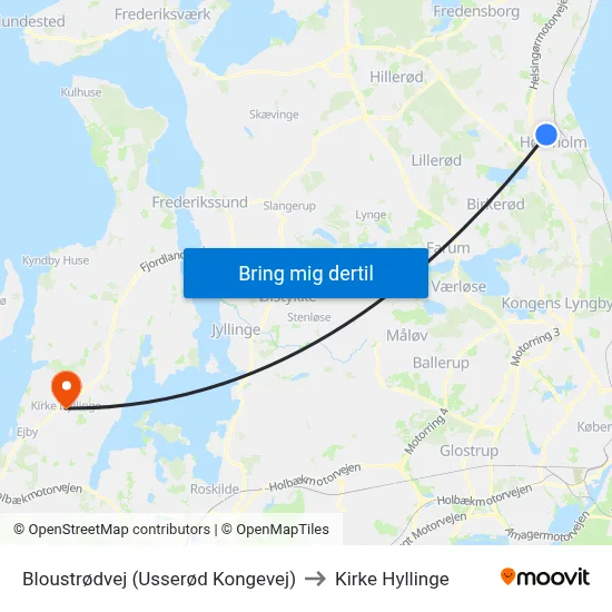 Bloustrødvej (Usserød Kongevej) to Kirke Hyllinge map