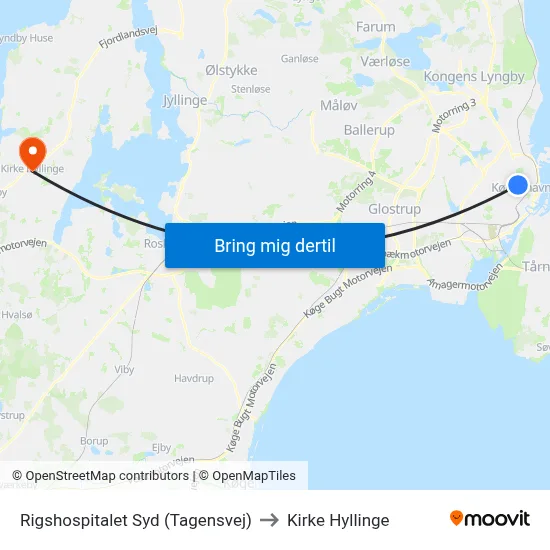 Rigshospitalet Syd (Tagensvej) to Kirke Hyllinge map