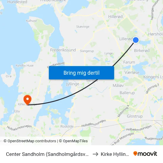 Center Sandholm (Sandholmgårdsvej) to Kirke Hyllinge map