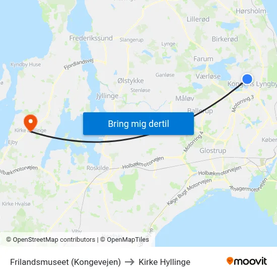 Frilandsmuseet (Kongevejen) to Kirke Hyllinge map