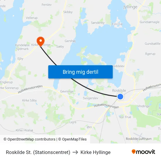 Roskilde St. (Stationscentret) to Kirke Hyllinge map
