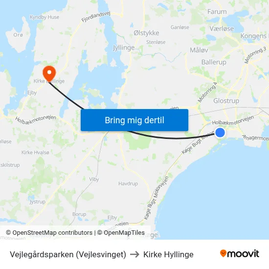 Vejlegårdsparken (Vejlesvinget) to Kirke Hyllinge map