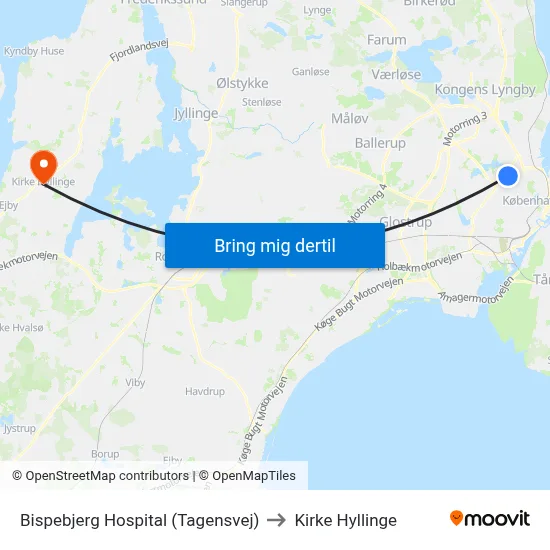 Bispebjerg Hospital (Tagensvej) to Kirke Hyllinge map