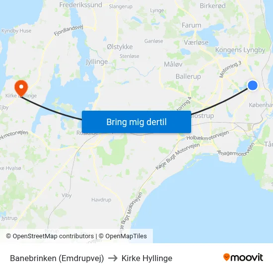 Banebrinken (Emdrupvej) to Kirke Hyllinge map