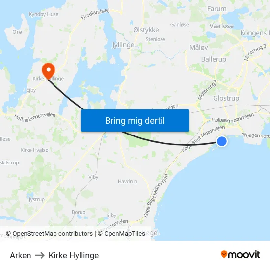 Arken to Kirke Hyllinge map