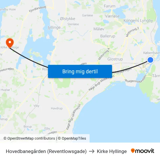 Hovedbanegården (Reventlowsgade) to Kirke Hyllinge map