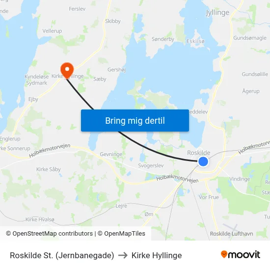 Roskilde St. (Jernbanegade) to Kirke Hyllinge map