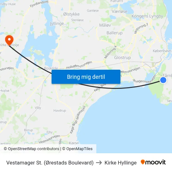 Vestamager St. (Ørestads Boulevard) to Kirke Hyllinge map