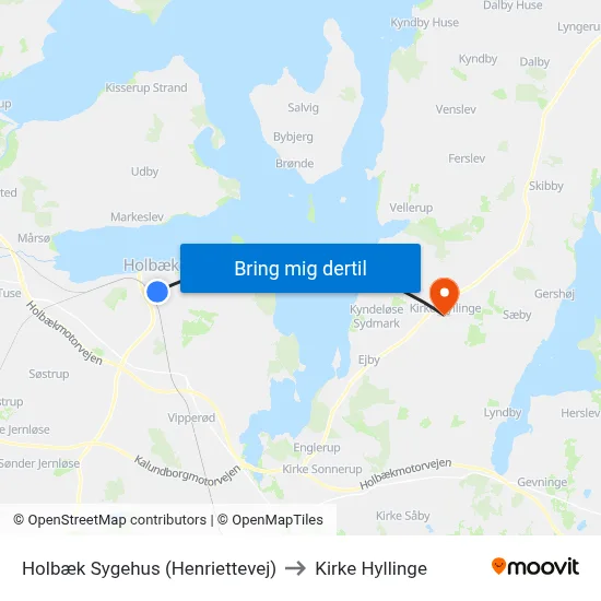Holbæk Sygehus (Henriettevej) to Kirke Hyllinge map