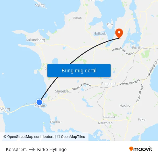 Korsør St. to Kirke Hyllinge map