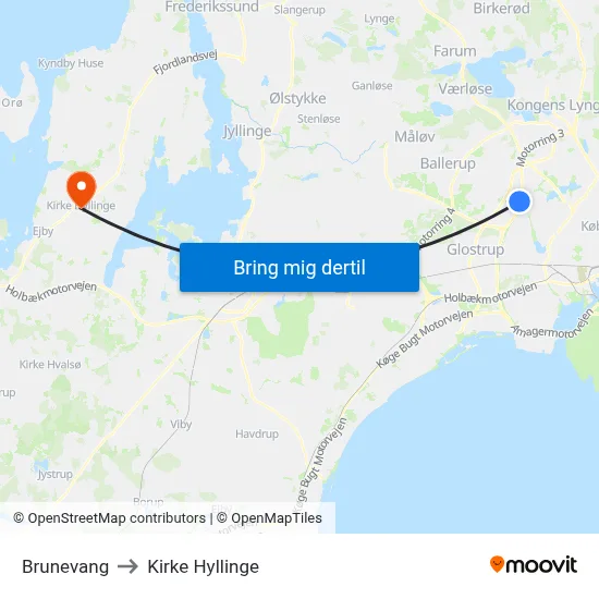 Brunevang to Kirke Hyllinge map