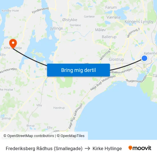 Frederiksberg Rådhus (Smallegade) to Kirke Hyllinge map