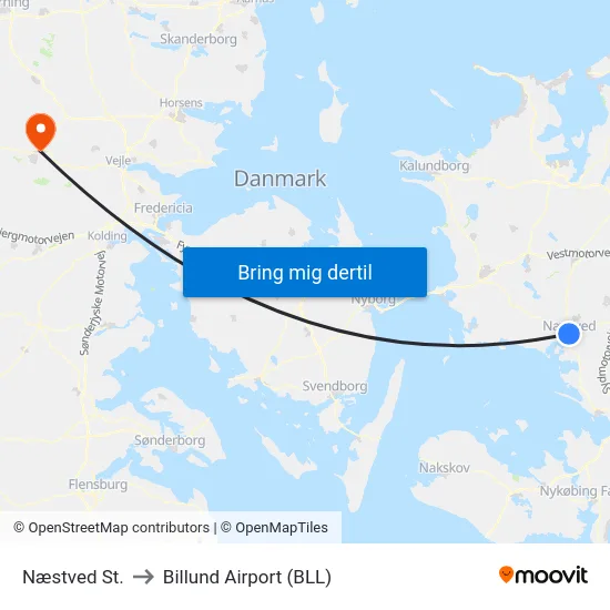 Næstved St. to Billund Airport (BLL) map