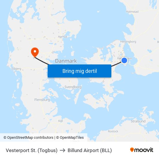 Vesterport St. (Togbus) to Billund Airport (BLL) map