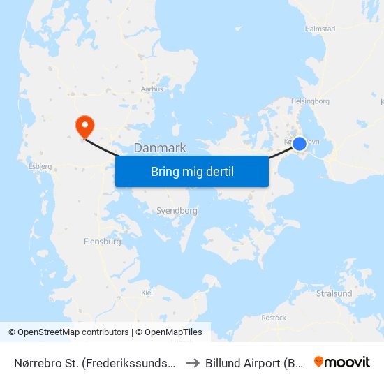 Nørrebro St. (Frederikssundsvej) to Billund Airport (BLL) map