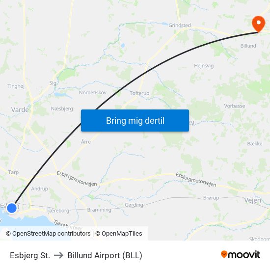 Esbjerg St. to Billund Airport (BLL) map