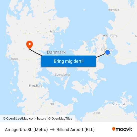 Amagerbro St. (Metro) to Billund Airport (BLL) map